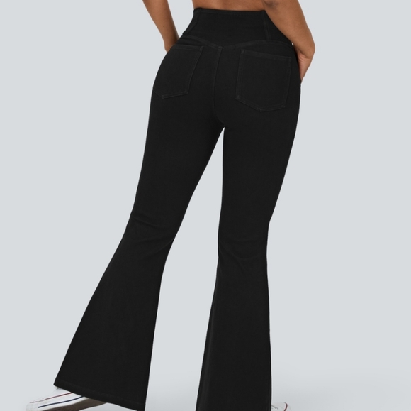 NWT!! Denim Crossover Waist Black Pocket Flare Stretch Knit High Waisted Md Tall - Picture 2 of 9